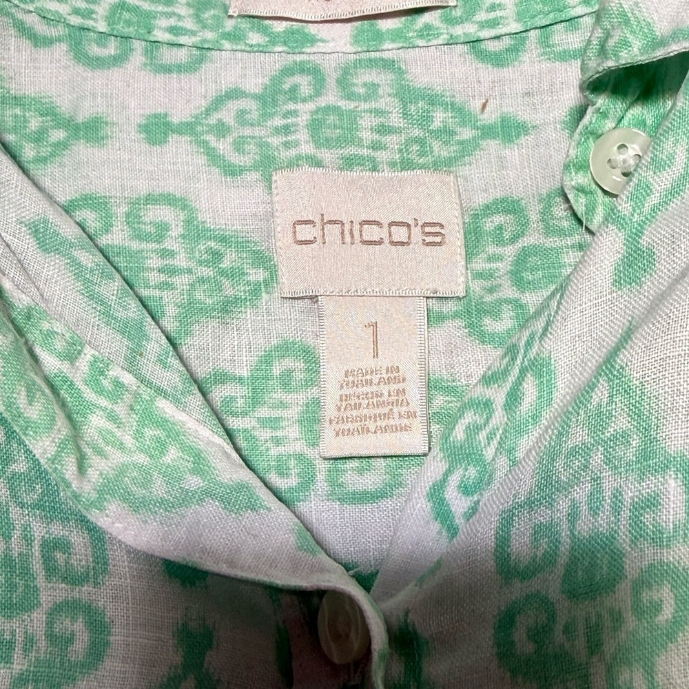 Chico's effortless 100% linen batik sina button up Mint Green Printed Shirt sz 1 - Picture 6 of 8